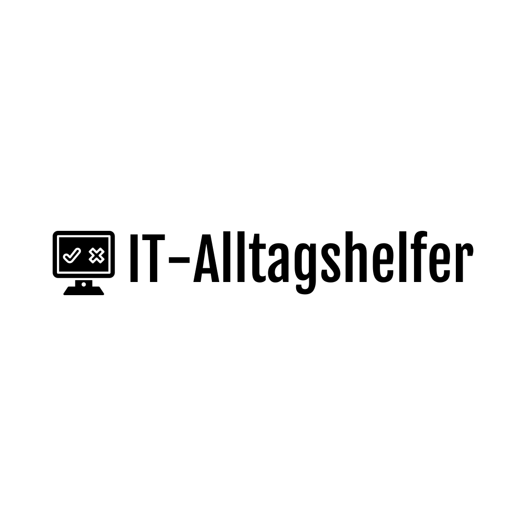 Logo von IT-Alltagshelfer mit Computerbildschirm und Werkzeug-Symbolen.