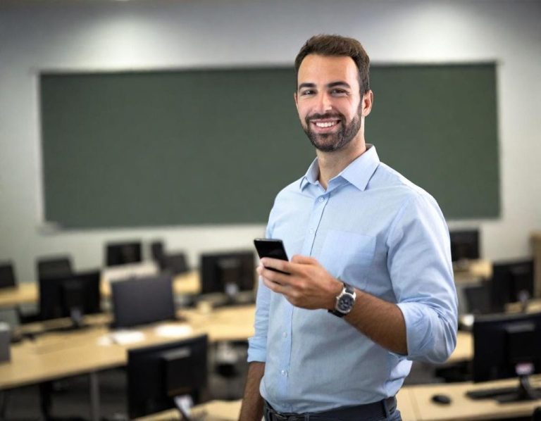 Mann mit Smartphone in einem leeren Klassenzimmer, lächelt freundlich.