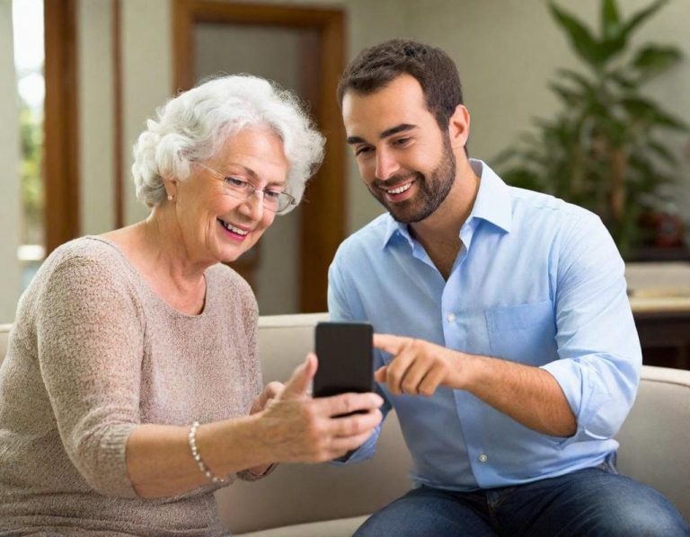 Eine ältere Frau und ein junger Mann betrachten gemeinsam ein Smartphone und lächeln.